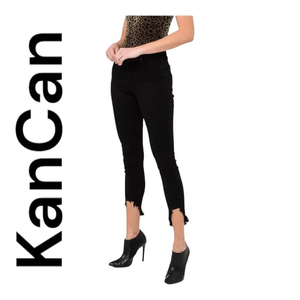 KanCan womens 11 29 black crop jeans distressed raw hem casual denim fray basic